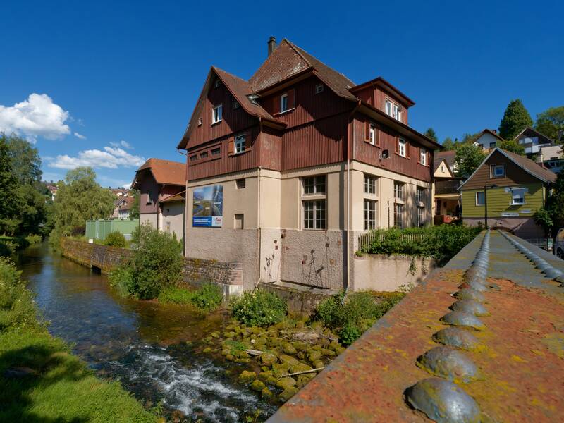 Ein Wasserkraftwerk mit rotem Holzoberteil steht an einem klaren Fluss, umgeben von grünen Bäumen und einem blauen Himmel.