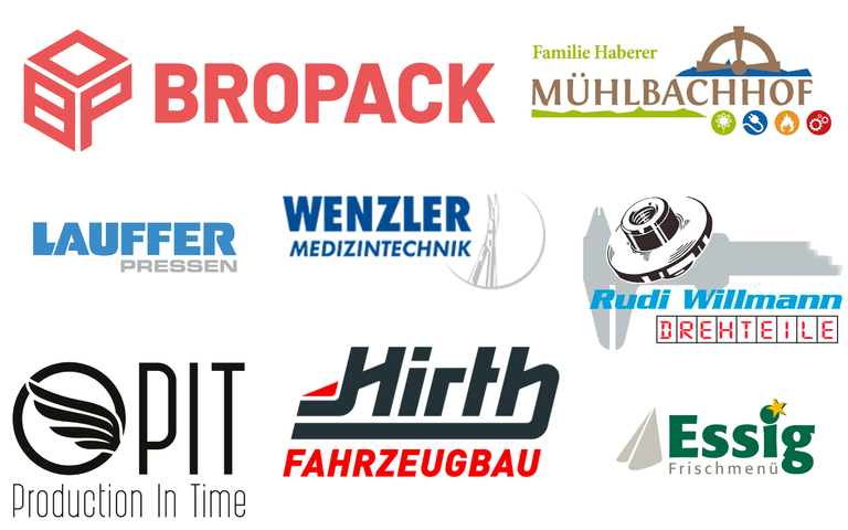 Eine Sammlung von neun Firmenlogos, darunter Namen wie "mauth", "TELA", "MÜHLBACHHOF", "LAUFFER", "WENZLER", "Rudi Willmann", "PIT", "FUNK DREIDIMENSIONAL" und "SI-TECH".