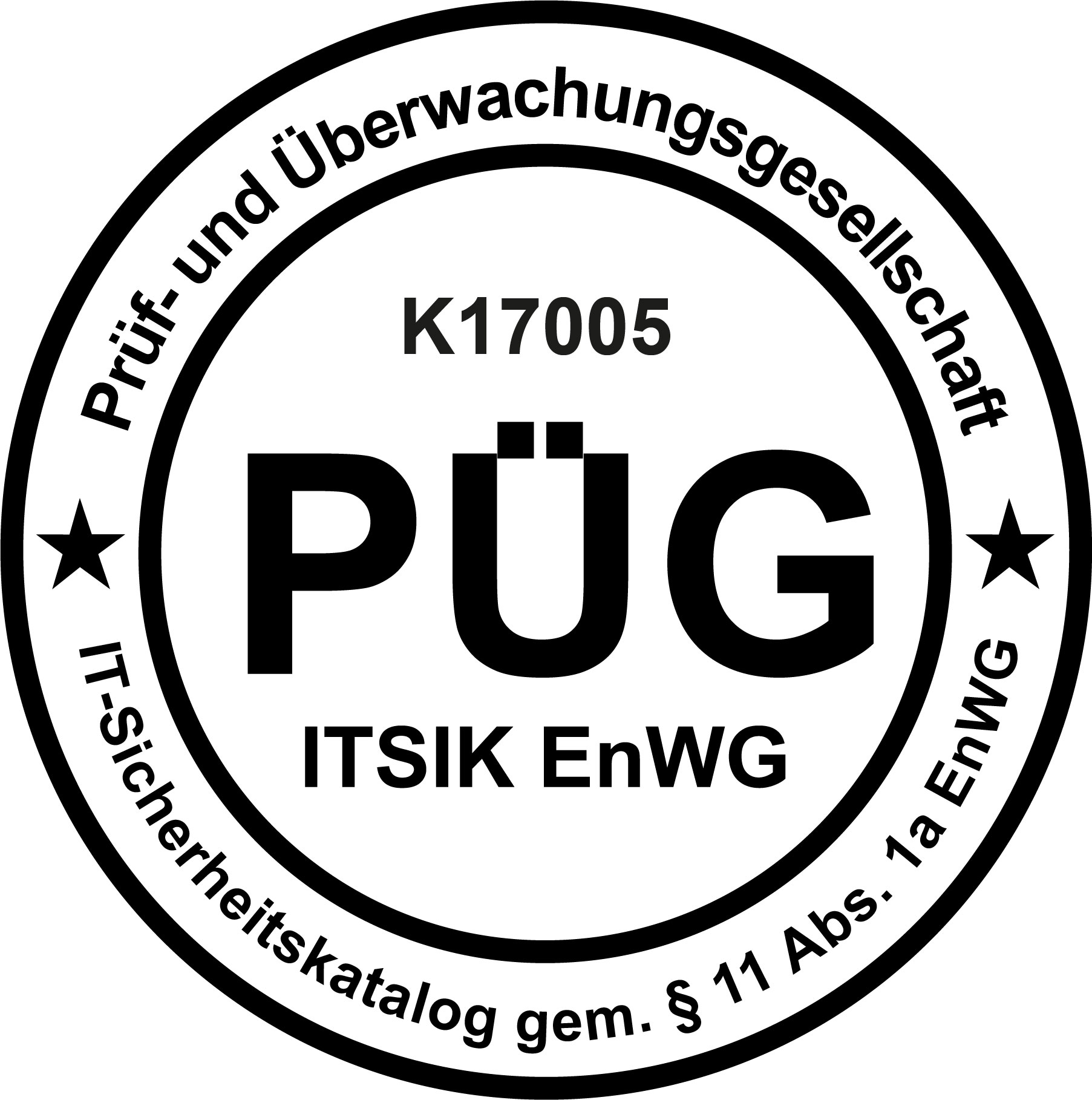 Ein rundes Logo zeigt den Text "PÜG" in der Mitte, umgeben von Informationen zur Prüf- und Überwachungsgesellschaft und einem IT-Sicherheitskatalog.